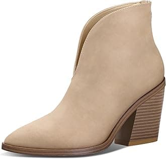 mysoft Women's V Cut Out Ankle Boots Slip On Pointed Toe Chunky Stacked Heel Booties