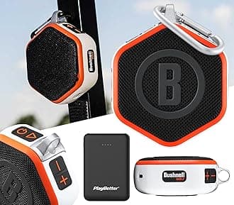 Bushnell Wingman Mini (Orange/White) Magnetic GPS Golf Speaker Bundle with PlayBetter Portable Charger - Music & Audible Distances Bluetooth Speaker for Golf Cart - 36,000+ Courses