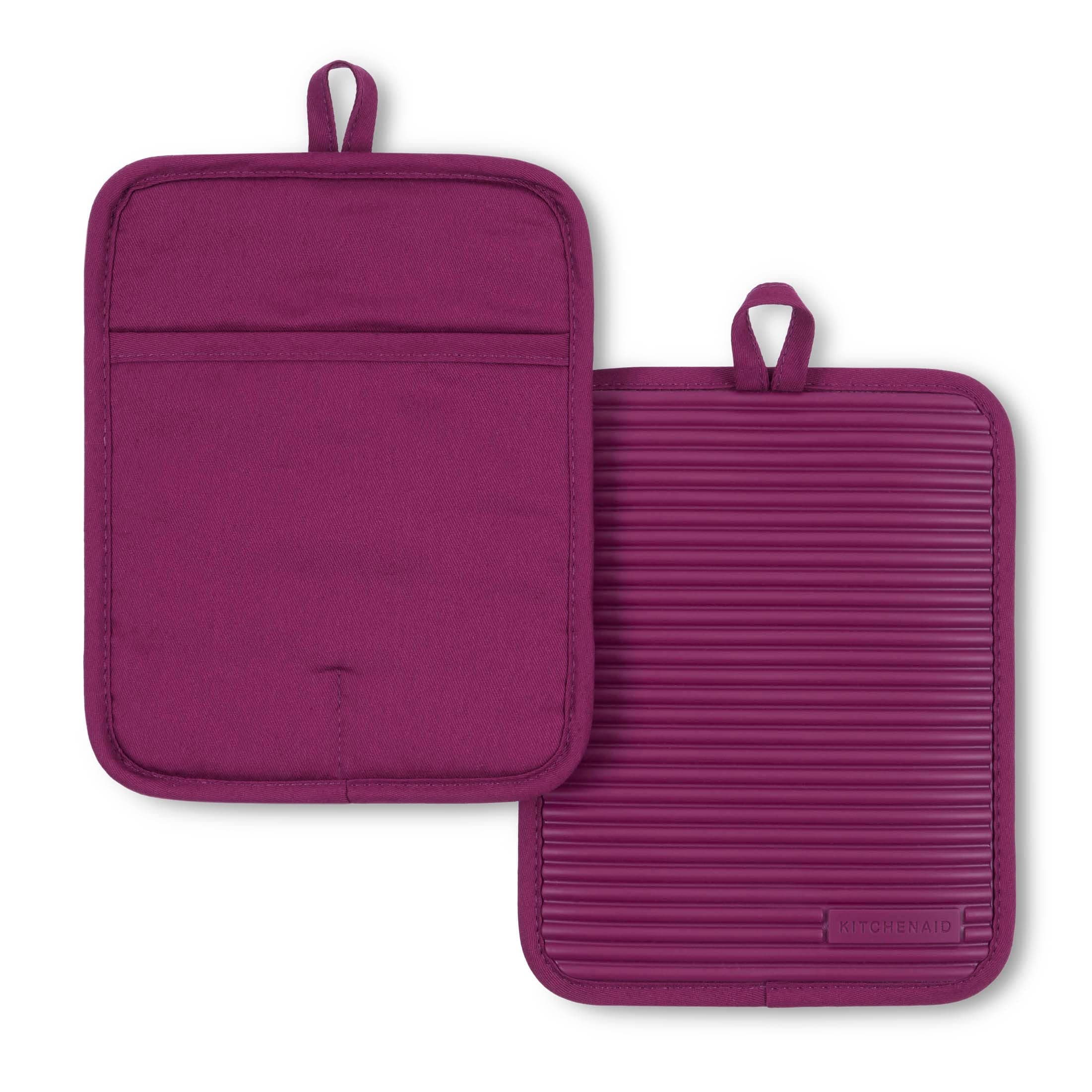 KitchenAid Ribbed Soft Silicone Pot Holder 2-Pack Set, Beet, 7"x9"