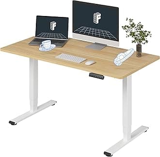 E6 3-Stage Dual Motor Electric Standing Desk 55 x 28 Sit Stand Up Desk, Holds 220 lbs, Adjustable Height w/Memory Presets, One-Piece Maple Desktop & White Frame, Ships in 2 Boxes
