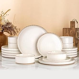 AmorArc Ceramic Dinnerware Sets for 4, 12 Pieces Handpainted Plates and Bowls Set with Rustic Terracotta Underside, Scratch Resistant Stoneware Dishes Set, Dishwasher & Microwave Safe