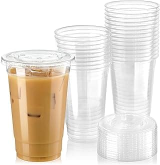 Fit Meal Prep [50 Pack] 20 oz BPA Free Clear Plastic Cups With Flat Slotted Lids for Iced Cold Drinks Coffee Tea Smoothie Bubble Boba, Best Cups for Beer Disposable and Eco-Freindly