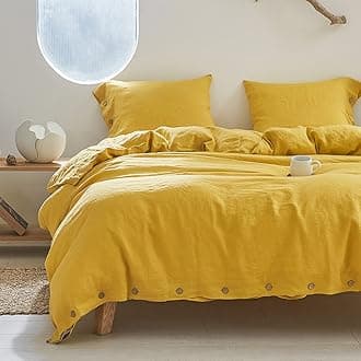 Simple&Opulence 100% Linen Duvet Cover Set 3pcs with Coconut Button Closure Natural French Washed Flax Solid Color Soft Breathable Farmhouse Bedding - Mustard Yellow, Queen Size