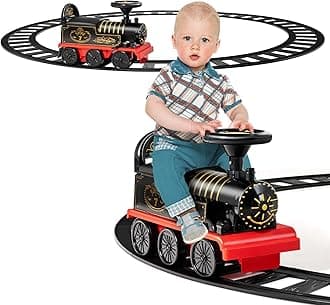 Ride On Train with Tracks, 6V Kids Electric Car with Storage Seat, Music & Lights, Toddler Battery Powered Ride On Toy for 3 Years Old+ Boys Girls (Black), 52 x 22 x 35 cm (L x W x H)