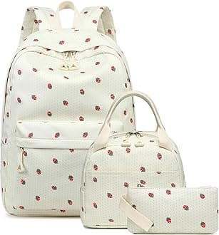 Teen Girls School Backpack Kids Bookbag Set with Lunch Box Pencil Case Travel Laptop Backpack Casual Daypacks (Strawberry beige base)