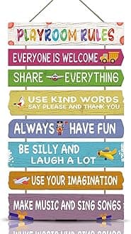 KAIRNE Playroom Rules Wood Sign Hanging Wall Art,Everyone is Welcome Inspirational Quotes Wall Decor for Kids Room,Colorful Rainbow Color Wooden Plaque for Childrens Bedroom Decoration