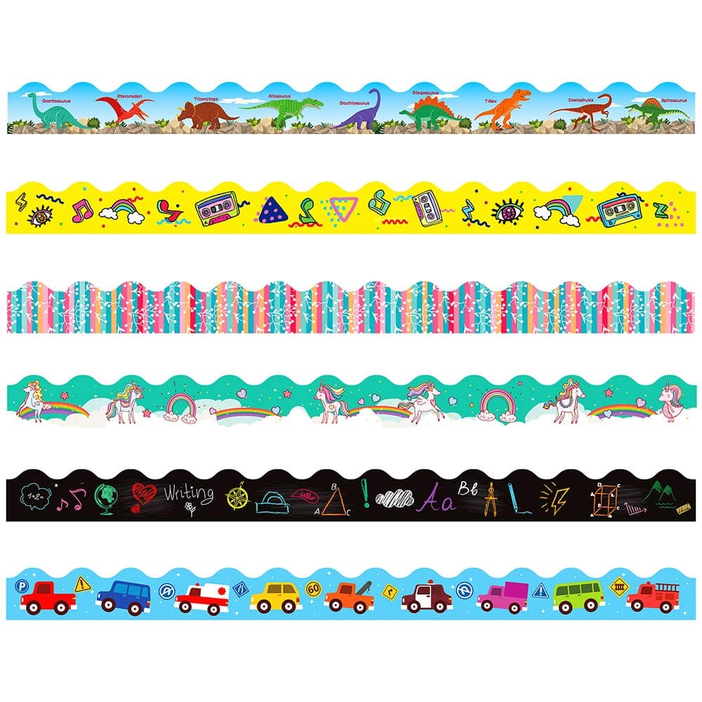 Bulletin Border 6-Pack Laminated Bulletin Board Borders for Classroom & School, Geometric Pattern Decorative Scalloped Trimmers, Border Trim, 2.6 x 36 inches of Each Roll