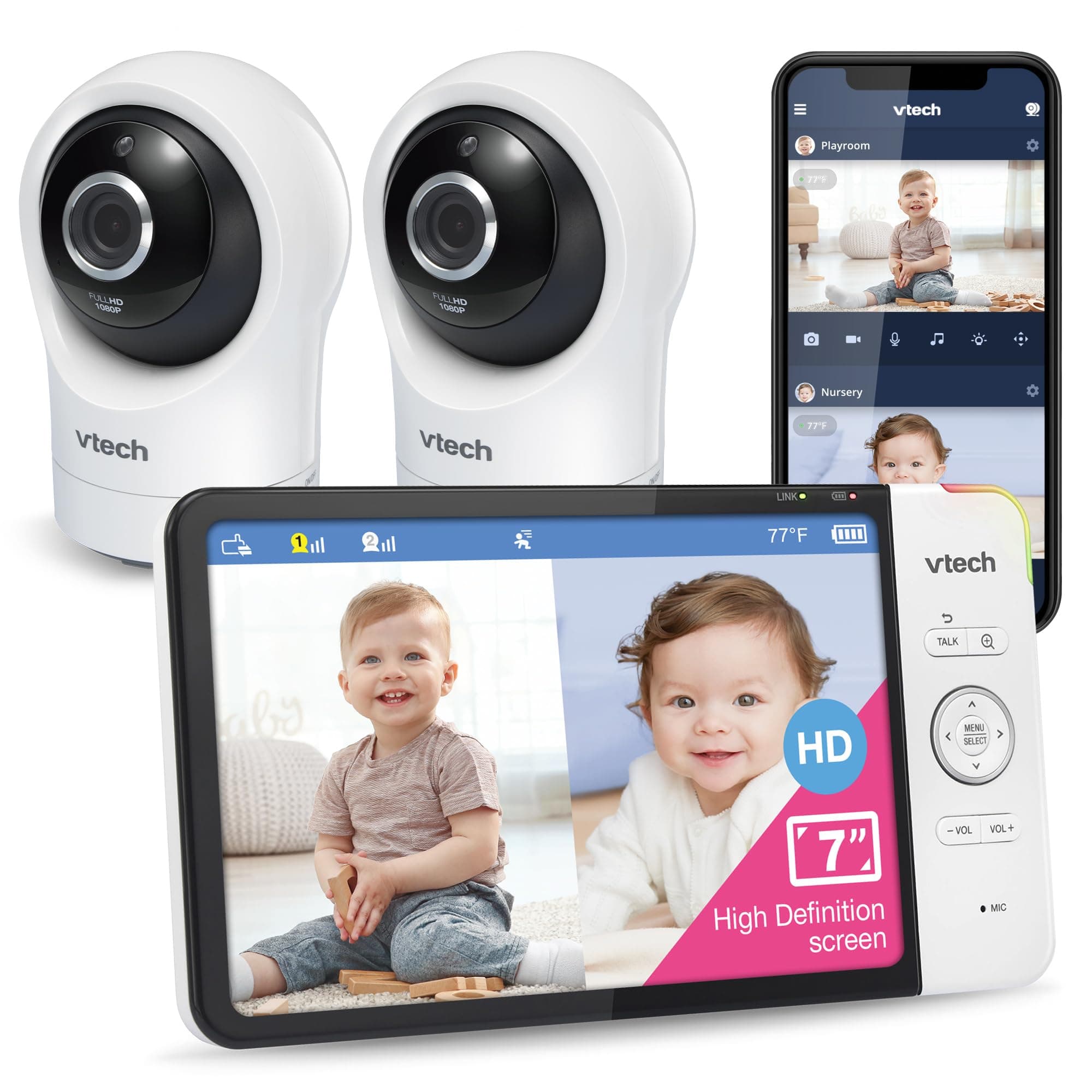 VTech RM7764-2HD 1080p Smart WiFi Remote Access 2Camera BabyMonitor, 360° Pan&Tilt, 10X Zoom, 7” 720p HD Display, HD NightVision, Soothing Sounds, 2-Way Talk, Temperature&Motion Detection, iOS&Android