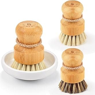 SUBEKYU Bamboo Dish Scrub Brushes, Kitchen Wooden Cleaning Scrubbers Set for Washing Cast Iron Pans/Pots, Set of 3, Ceramic Dish+ 1p Palm+ 2p Sisal