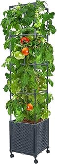 Raised Garden Bed Planter Box with Trellis, 56.7” Tomato Planters for Climbing Plants Vegetable Vine Flowers Outdoor Patio, Tomatoes Cage w/Self-Watering & Wheels
