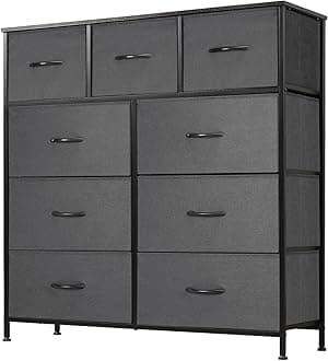 DUMOS Dresser for Bedroom, Storage Organizer with 9 Drawers, Chest of Drawers with Fabric Bins, Sturdy Metal Frame, Wood Tabletop for Guest Room, Closet, Entryway, Nursery
