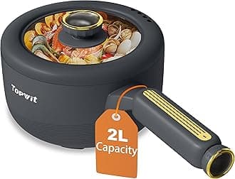 TOPWIT Hot Pot Electric, 2L Multifunctional Electric Pot with Non-Stick Fring Pan, Portable for Steak, Egg, Fried Rice, Ramen, Soup - Dual Power Control (Silicone Spatula Included), Grey