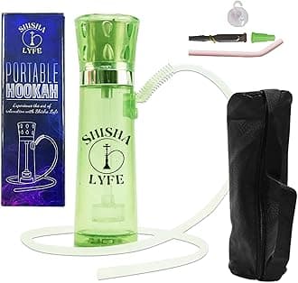 SHISHA LYFE Portable Hookah Mini Cup Set - Transparent (Green) Shisha for Car & Travel with LED Lights, Silicone Hose Pipe, Anti-Scald, Charcoal Holder, Tongs, Reusable Straw, Case Cover Protection