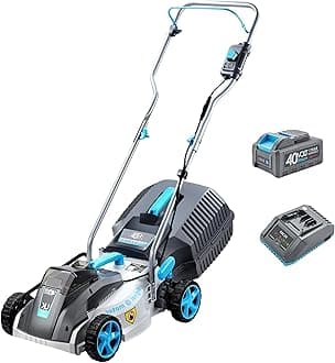- RB 40V 13-Inch Brushless Cordless Lawn Mower with 4.0Ah Lithium Battery & Fast Charger, 2-in-1 Lightweight Mower for Small Yards, Foldable Handle, 5 Cutting Height Adjustments