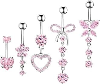 Belly Button Ring Dangle Navel Belly Piercing Jewelry Cute Pink CZ Heart Butterfly Bow Flower Navel Belly Rings for Women 14G Silver Stainless Steel Dainty Dangly Dangling Belly Button Piercing