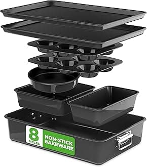Nutrichef 8-Piece Nonstick Stackable Bakeware Set - PFOA, PFOS, PTFE Free Baking Tray Set w/Non-Stick Coating, 450°F Oven Safe, Round Cake, Loaf, Muffin, Wide/Square Pans, Cookie Sheet (Black)