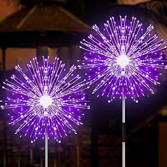 JJGoo Solar Firework Lights, 2 Pack 120 LEDs 2 Lighting Modes Solar Garden Lights Outdoor Waterproof for Yard Patio Walkway Pathway Party Wedding Christmas Decorative - Purple