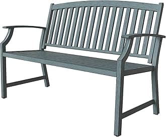 52" Farmhouse Outdoor Bench, Garden Benches with Anti-Rust Aluminum Metal Frame, Faux Wood Grain Finish Frame Patio Bench for Front Porch, Weathered Blue