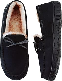 VLLy Mens Moccasin Slippers with Memory Foam Arch Support, Non Slip Rubber Sole House Shoes for Men Machine Washable Warm Fleece Lined Indoor Outdoor Home Shoes