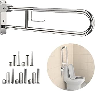 Toilet Grab Bar 30.3 Inch, Flip Up Grab Bar with Paper Holder, Polished Chrome Anti-Slip Safety Bars for Toilet, Stainless Steel Knurled Toilet Handles for Seniors Disabled Elderly Pregnant