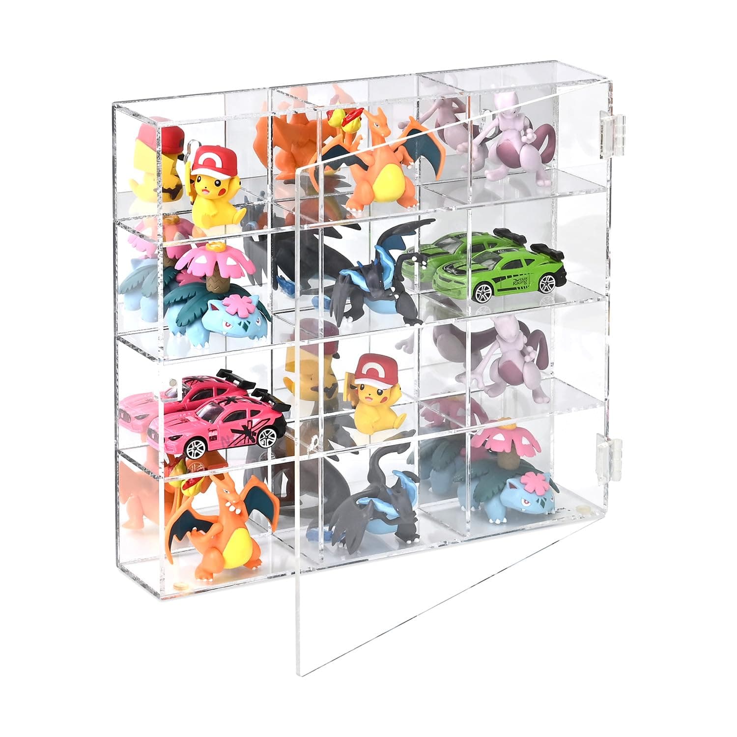 Ikee Design Acrylic Display Case with Mirrored Back, Clear Wall Mounted or Desktop 12 Compartments Display Cabinet Shelves Stand for Collectibles, Small Pop Figures,or Jewelry, 10.7 W x 2 D x 10 H in