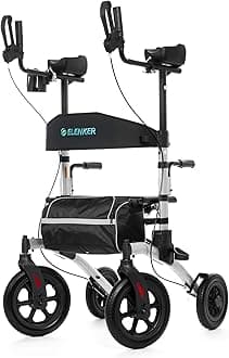 All-Terrain Upright Rollator Walker, Stand up Rolling Walker with Seat, 12” Non-Pneumatic Tire Wheels, Compact Folding Design for Seniors, Silver