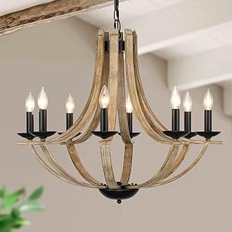Farmhouse Chandeliers for Dining Room Light Fixture, 8-Light 28" Adjustable Height Retro Faux Wood Texture Rustic Light Fixtures for Living Room Bedroom Kitchen Island Foyer Entryway