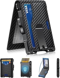 GHUKYMen's Carbon Fiber RFID Blocking Wallet with Pop-Up Card Holder, Money Clip, Magnetic Closure, Bi-Fold, 12 Card Slots, ID Window, 4oz, Carbon