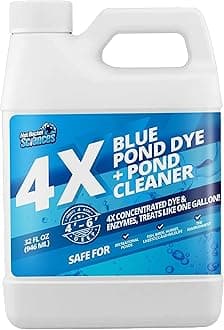 32oz 4X Blue Pond Dye + Pond Cleaner, Blue Dye for Ponds and Lakes, 2-in-1 Lake Colorant + Enzymes, Makes Murky Water Clean & Beautiful, Keeps The Water Cool, Clear, and Ideal for Fish & Wildlife