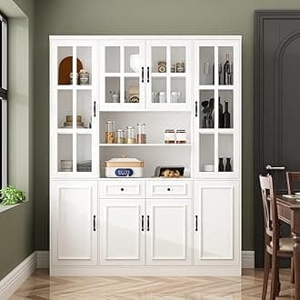 AIEGLE Large Kitchen Pantry Storage Cabinet Microwave Hutch, Freestanding Kitchen Pantry Cupboard with Glass Doors & Drawers, Utility Pantry Cabinet, White (63”W x 15.7”D x 78.7”H)