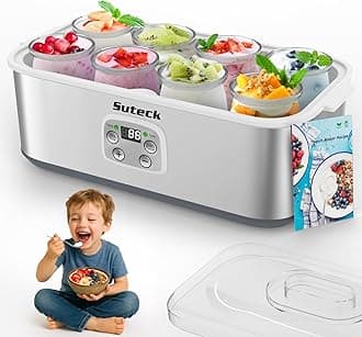 Suteck Yogurt Maker - Stainless Steel Yogurt Makers with Adjustable Time & Temp Control，Automatic Shut-Off & Constant Temper for Homemade Greek, Probiotic Yogurt, BPA-Free 8 Glass Jars (48 oz)