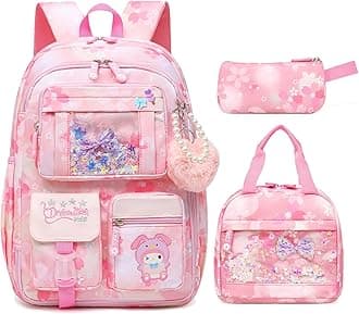 Lovely Girls Backpack School Bag for Students Kids Book Bag with Multiple Pockets Splash-proof Children's Backpack（17inch Set Pink）