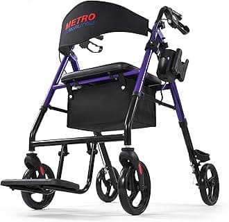 Metro Mobility 2 in 1 Rollator Walker & Transport Wheelchair, Foldable Lightweight Rollator Walker with Seat for Seniors, 8" Big Wheels for All Terrain, 300 lb. Weight Capacity, Purple