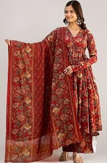 Women's Cotton Blend V-Neck Anarkali Printed Kurta with Palazzo & Dupatta