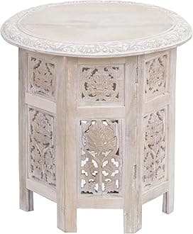 COTTON CRAFT Solid Wood End Table - Hand Carved Vintage Boho Folding Side Table - Small Spaces Accent Table - Entryway Farmhouse Living Room Bedside - No Tools Assembly - 18x18 Round - White Wash