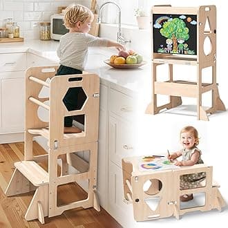 - Woodure 4-in-1 Toddler Kitchen Step Stool, Foldable Learning Standing Tower with Blackboard, Wooden Kitchen Stool Helper for Kids, 1-3 Year Old Boy Girl Gifts