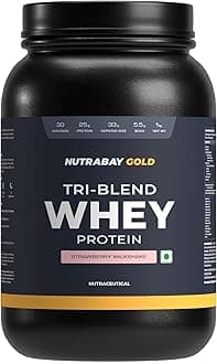 Nutrabay Gold Tri Blend Whey Protein Powder - 1kg, Strawberry Milkshake | 25g Protein, 5.5g BCAA | Concentrate, Isolate, Hydrolyzed Protein | Muscle Growth & Recovery | Gym Supplement for Men & Women