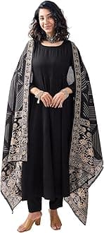Toochki Women's Black Rayon Fit & Flared Ethnic Kurta Set | Kurti for Women | Anarkali Kurti | Ethnic Kurti | Kurti with Dupatta and Pant Set |Trendy Kurti | Long Kurti | Black Kurta Set