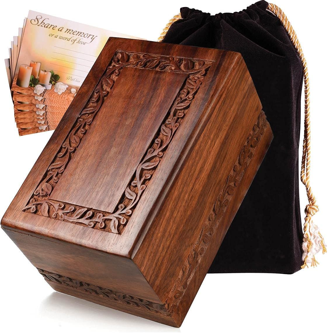 SOULURNS - Rosewood Cremation Urns For Human Ashes with Beautiful Carving | Memorial Wooden Funeral Urn for Human Ashes | Authentic Rosewood - Size 9.5x6x5.5 Can Hold 210 Cubic Inches