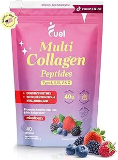 Fuel Multi Collagen Protein - Multi Collagen Peptides Powder for Women with Hyaluronic Acid & Biotin, Collagen Packets Promote Skin, Hair & Nail Health, Hydrolyzed Collagen Peptides Powder,Mixed Berry