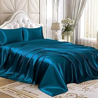 Homiest 4pcs Satin Sheets Set Luxury Silky Satin Bedding Set with Deep Pocket, 1 Fitted Sheet + 1 Flat Sheet + 2 Pillowcases (King Size, Dark Teal)