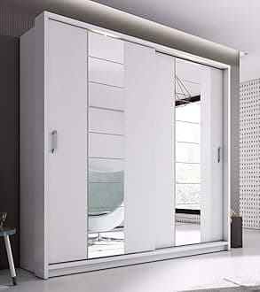 Arthauss Modern Bedroom Mirror 2 Sliding Door Mirror Wardrobe Arti 14 in White Matt 220cm - Flat Pack Furniture, Exceptionally Spacious, LED Lighting, Eight Shelves and Two Hanging Rails