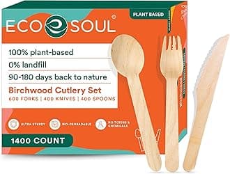 ECO SOUL 100% Compostable Cutlery [1400-Pack] Disposable Wooden Cutlery Set I 100% Natural, Sturdy, Eco-friendly, Utensils Set I Biodegradable (600 Fork,400 Spoon, 400 Knife)