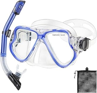 Snorkeling Gear for Kids, Dry Snorkeling Set, Panoramic Anti-Leak and Anti-Fog Tempered Glass Lens, Adjustable Strap Snorkel Set with Mesh Bag Ear Plug for