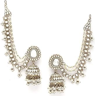 Shining Diva Fashion Latest Trendy Stylish Ear Chain Earrings for Women | Traditional 18k Gold Plated Wedding Party Jewellery | Bahubali Inspired Kan Chain Jhumki Earrings