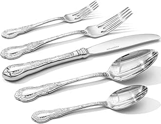 KINGSTONE Vintage Carved Silverware Set, 5-Piece 18/10 Stainless Steel Flatware Cutlery Set with Retro Royal Thick Handle, Tableware Utensils for Home, Restaurant, party, Wedding, Dishwasher Safe