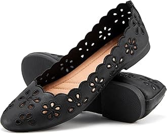 Women's Ballet Flats Black PU Leather Dress Shoes Comfortable Round Toe Slip on Flats with Breathable Eyelets