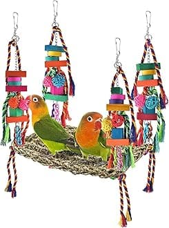 Bird Toys, Bird Foraging Wall Toy, Edible Seagrass Woven Climbing Hammock Swing Mat with Colorful Chewing Toys, Suitable for Lovebirds, Finch, Parakeets, Budgerigars, Conure, Cockatiel