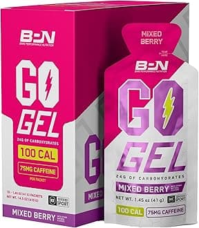 BARE PERFORMANCE NUTRITION, BPN Go Gel Endurance Gel Caffeinated, Vegan + Gluten Free Running Gel with 24g of Carbohydrates & 100 Calories per Gel Pack, 10 Single-Serving Gel Packs, Mixed Berry