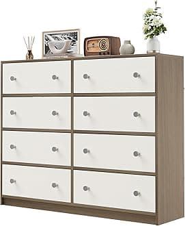 Chest of Drawers with 8 Drawers, Wooden Frame & Silver Handles, Fabric Chest of Drawers for Bedroom, Living Room, Hallway, Entryway, White/Light Wood Grain